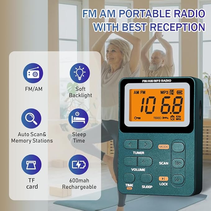 Portable Radio AM FM, Rechargeable Pocket Speaker with Best Reception Digital Tuning, MP3, Stereo Earphone, Large LCD Screen, TF Card Socket, Transistor Radio for Jogging/Gym/Camping…
