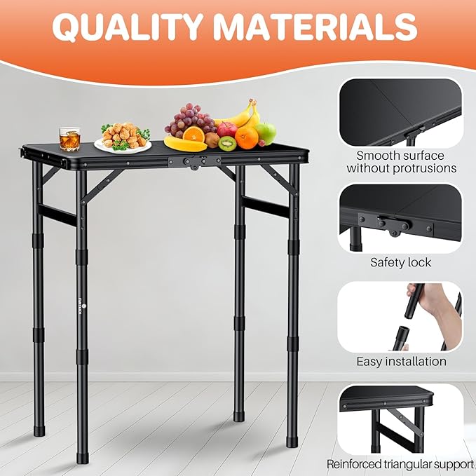 FUNYKICH Camping Table with Plastic Tabletop L22.8''xW15.7'', 3 Height Adjustable Small Folding Table, Lightweight Aluminum Portable Picnic Table with Carry Handle for Camping, Beach, Picnic, Black