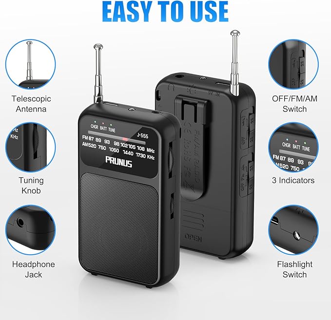 PRUNUS J-555 Pocket Radio AM FM USB-C Charging& Battery Operated, Excellent Reception& Clear Speaker and Headphone Jack, Back Clip, Flashlight, Transistor Radios, Portable Radios AM FM, Mini Radio