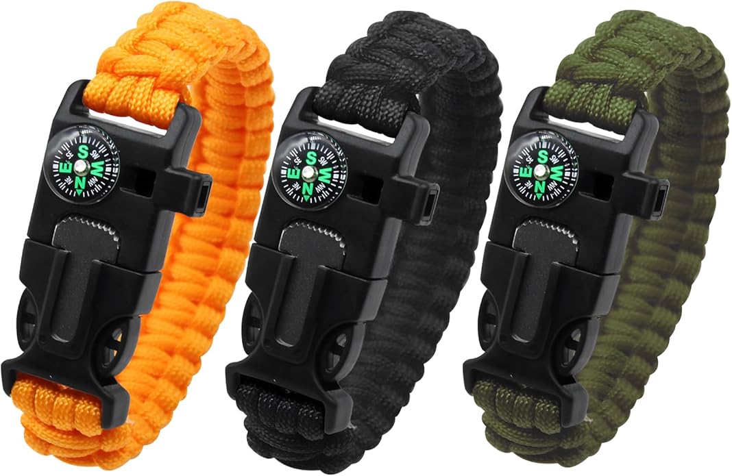 aiGear Survival Bracelet Set 3 Pack with Compass & Whistle, Camping, Hiking Emergency Gear (Black, Green, Orange)