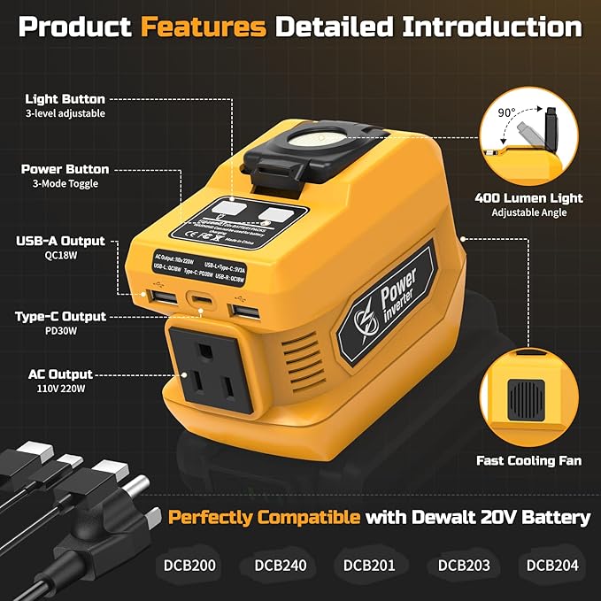 220W Power Inverter Compatible with Dewalt 20V Battery, DC 20V to AC 110V Inverter, Portable Power Station Generator with 1 AC Outlet, 2 USB Ports & 1 Type-C Fast Charging, 400LM LED Work Light