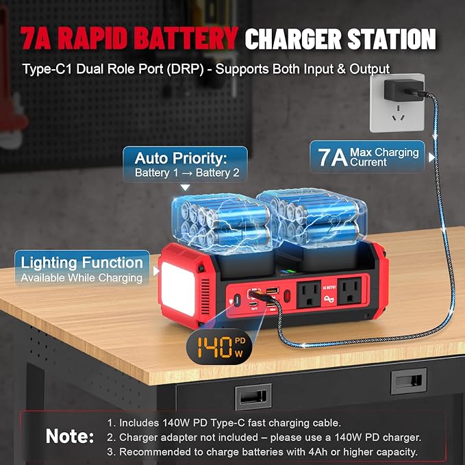 Azocek 350W Power Inverter Pure Sine Wave Compatible with Milwaukee 18V Battery (No Battery), 7A Fast Charger, Portable Power Station with 2 AC Outlets, 2 Type-C (140W/65W), 2 USB Ports, 600LM LED