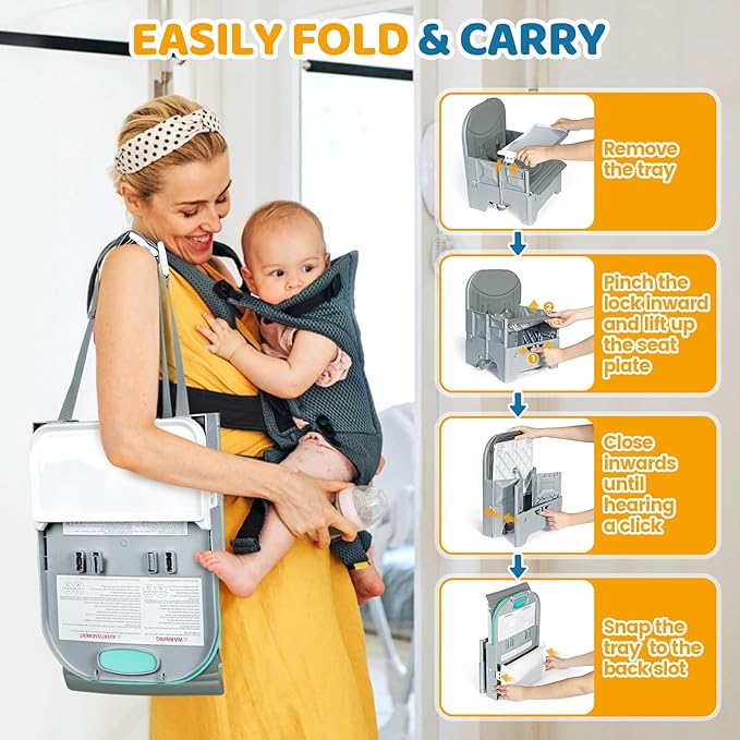 Orzbow Foldable Booster Seat with Soft Cushion, Travel High Chair for Toddlers 6-36 Months, Baby Chair for Dining Table, Camping, Beach, Portable Highchair, Up to 33 lbs Toddler, Grey