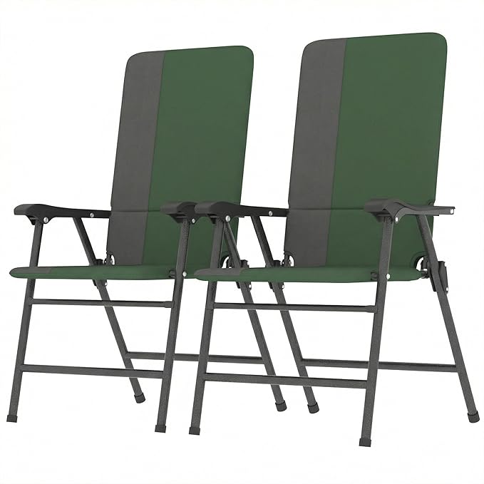 Outsunny Folding Patio Chairs Set of 2, Padded High Back Folding Lawn Chairs with Armrests, 600D Oxford Fabric, Portable Outdoor Camping Chair Set for Deck, Garden, Backyard, Dark Green