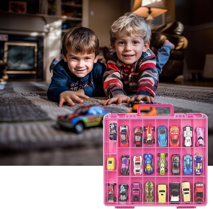 Toy Car Storage Organizer Case Compatible with Hot Wheels/for Matchbox Cars. Display Carrying Container Holder for LOL Surprise Dolls/for Shopkins with 48 Compartments Double Sided-Pink (Box Only)