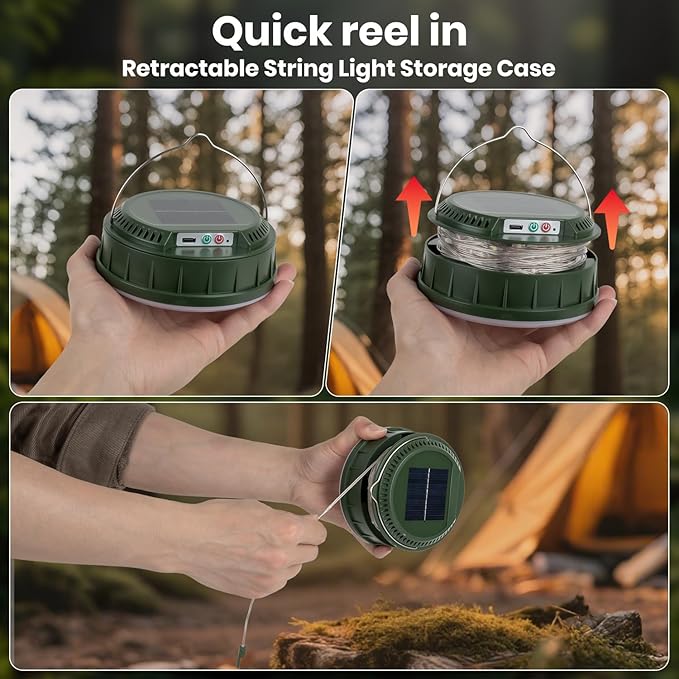 Solar Camping String Lights, 32.8 FT String Light with 13 Modes, 4 in 1 Waterproof Camp Lamp, Solar/Type-C Powered, Hanging Rechargeable Tent Lantern for Camping, Patio & Party (Green)