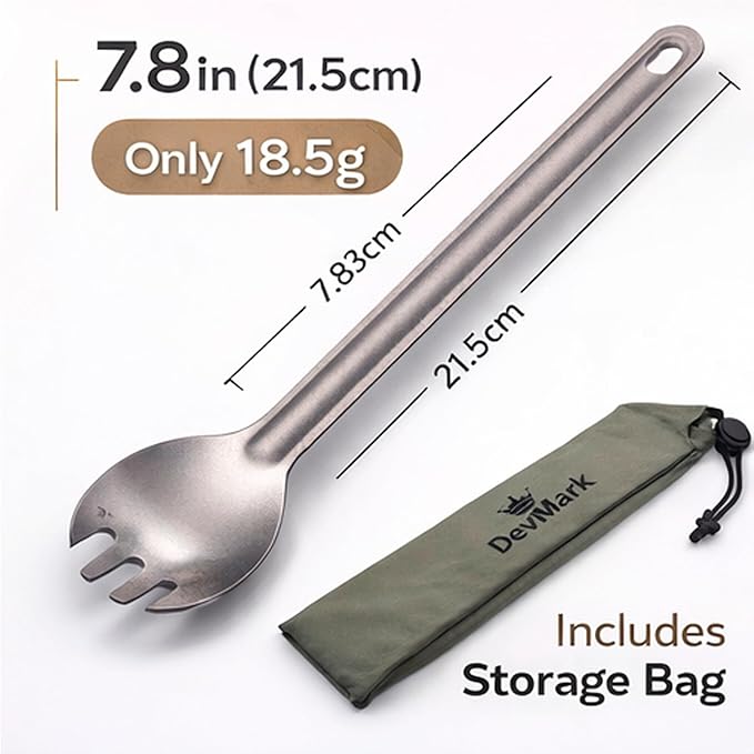 Titanium Long Handle Spork Ultralight Camping Spoon Fork, Backpacking Utensil with Storage Bag for Hiking, Travel & Outdoor Cooking,Flatware for Outdoor Camping