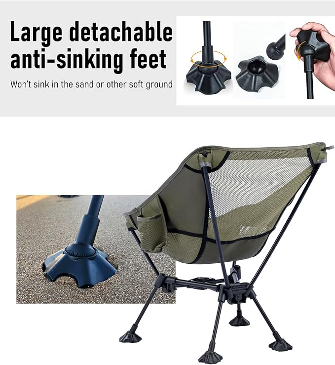 iClimb Ultralight Compact Camping Folding Beach Chair with Anti-Sinking Large Feet and Back Support Webbing (Black - Triangular Frame)