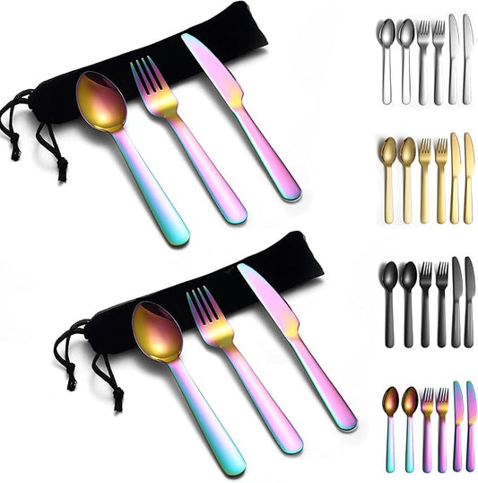 Evanda Portable Silverware Set Set of 2 Packs, Include Knife Fork Spoon, Rainbow Titanium Plating Cutlery Set With Black Bag, For Home Kitchen Camping Travel, Dishwasher Safe