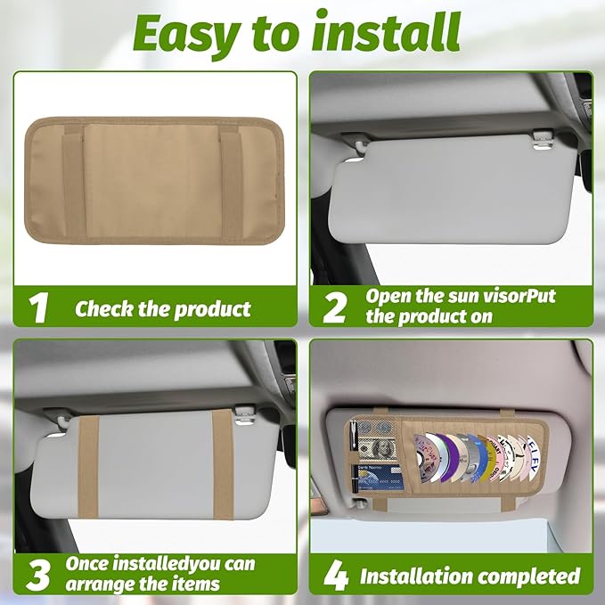Car CD & DVD Holder - Large Capacity CD Visor Case, Vehicle Visor Storage Organizer with 12 Disc Sleeves, 1 Mesh Pocket 1 Pen Holder and & Elastic Band (Khaki)