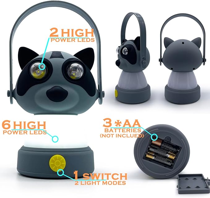 Outdoor Equipment LED Camping Lantern & Headlamp Set for Kids, FANT.LUX Battery Powered Night Light for Emergency, Hurricane, Lightweight Tent Lamp for Children (Raccoon Set)