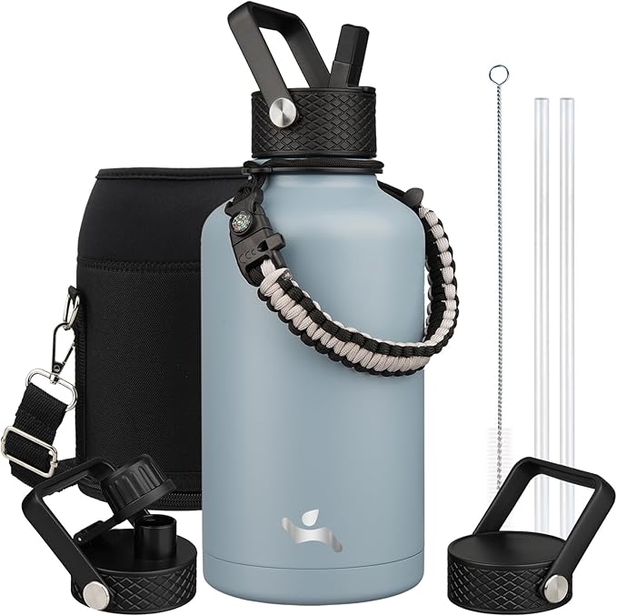 Konokyo Half Gallon Insulated Water Bottle with Straw,64 oz 3 Lids Water Jug with Carrying Bag,Paracord Handle,Double Wall Vacuum Stainless Steel Metal Flask,Storm Blue