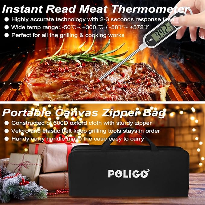 POLIGO 26 PCS BBQ Grill Accessories Stainless Steel BBQ Tools Grilling Tools Set with Storage Bag for Fathers Day Dads Birthday Presents - Camping Grill Utensils Set Ideal Grilling Gifts for Men Black