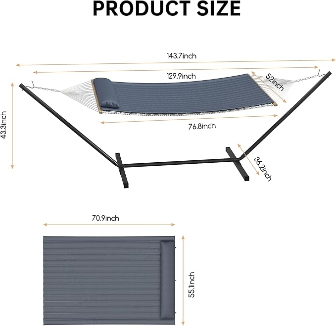 Garvee 2 Person Portable Double Hammock for Outdoor with Pillow, Heavy Duty Portable Hammock with Adjustable Steel Stand for Patio, Garden, Beach, Backyard