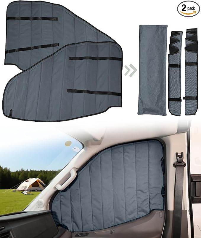 Insulated Blackout Van Window Covers Fit for Ford Transit 150 250 350 High/Medium Roof 2015-2025, Magnetic Van Front Door Side Window Shades (Pair) - Gray