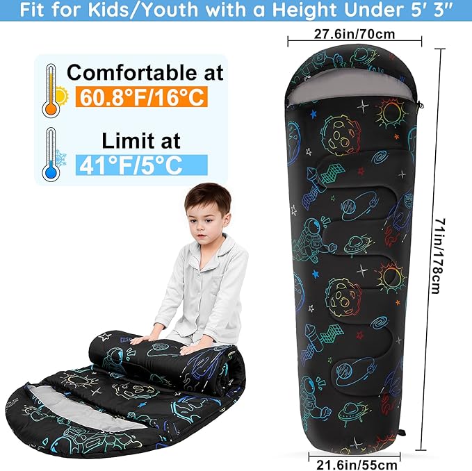FIOBEE Kids Sleeping Bag for Girls Boys 3 Season Warm & Cool Weather Youth Camping Sleeping Bags with Backpacking Bag Waterproof for Traveling Hiking Indoor Outdoor Camping Essentials