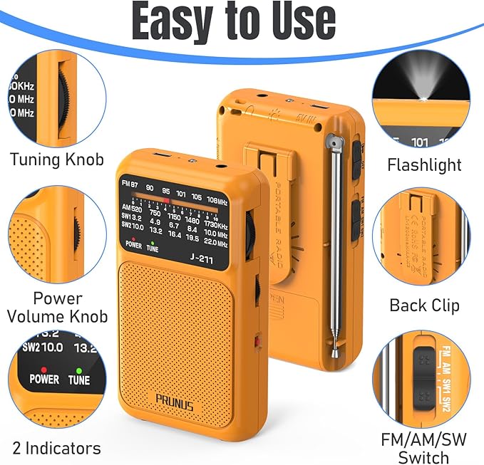 PRUNUS J-211 Portable Radio AM FM with USB Charging and AA Battery Operated, Transistor Radio, Strong Reception& Clear Speaker, Headphone Jack, Back Clip, Lanyard, Small radios Portable AM FM
