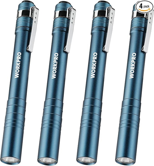 WORKPRO LED Pen Light, Aluminum Pen Flashlights, Pocket Flashlight with Clip for Inspection, Emergency, Everyday, 2AAA Batteries Included, Blue (4-Pack)