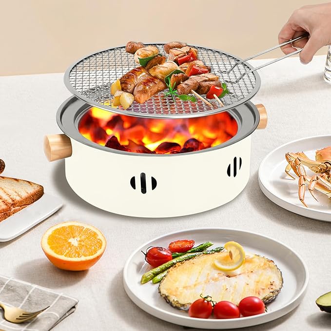 Portable Charcoal Barbecue Grill, 1pc Mini BBQ Grill Multifunctional Charcoal Grill Round Tabletop Charcoal Grill for Outdoor Cooking Home Party Picnic Camping (Beige)