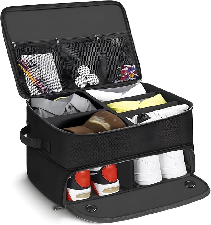 Golf Trunk Organizer 2 Layer with Separate Compartment for 2 Pair of Shoes, Golf Bag Storage for Car, Waterproof,Trunk Locker for Balls, Tees,Gloves