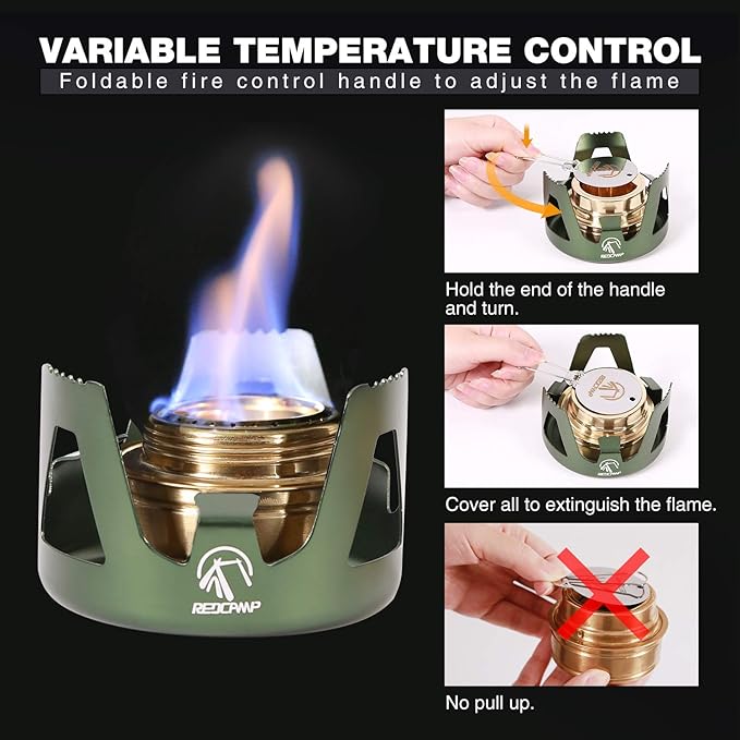 REDCAMP Mini Alcohol Stove for Backpacking, Lightweight Brass Spirit Burner with Aluminium Stand for Camping Hiking, Green