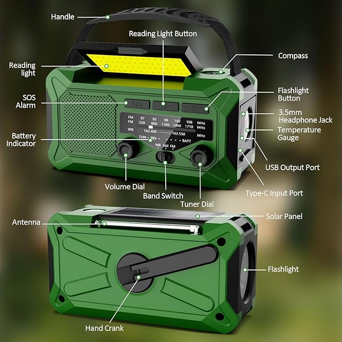 Emergency Hand Crank Weather Radio,Toolchums 10000mAh AM/FM/NOAA Solar Powered Radio with Phone Charger, USB Charged, LED Flashlight Reading Lamp Headphone Jack, SOS Alarm