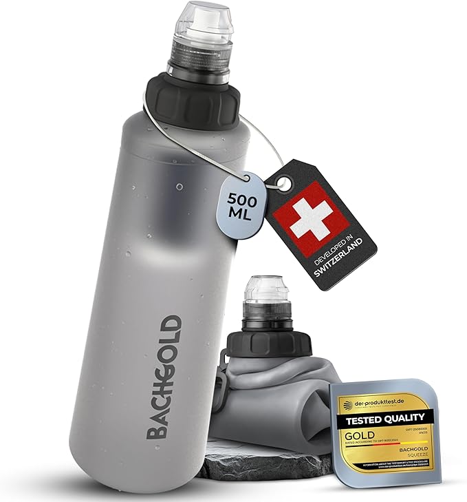 Water Filter Camping – Bachgold Squeeze Foldable Squeeze Bottle | Ultralight Backpacking Filtration for Hiking, Survival & Emergency | Dual-Stage Filtration, Swiss Design