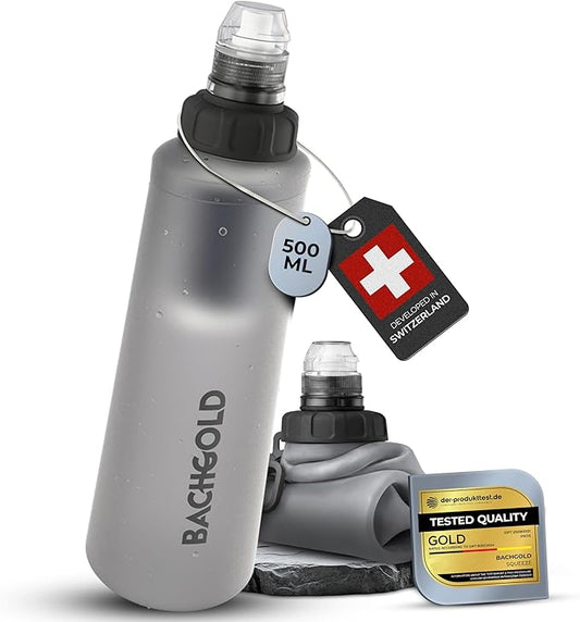 Water Filter Camping – Bachgold Squeeze Foldable Squeeze Bottle | Ultralight Backpacking Filtration for Hiking, Survival & Emergency | Dual-Stage Filtration, Swiss Design