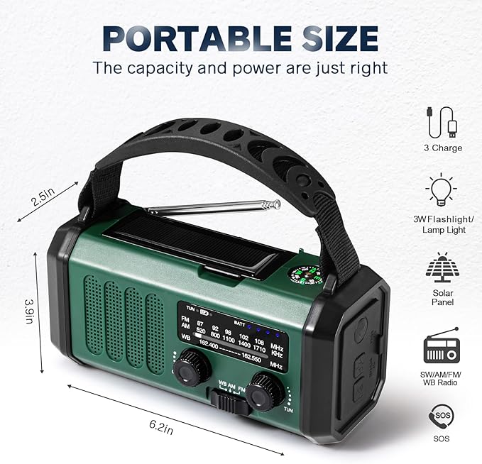 Hand Crank Emergency Radio, NOAA Weather Radio with AM/FM Solar Radio,10000mAh Rechargeable Battery Powered, USB-C Charger, Flashlight, SOS Alarm, for Storm, Hurricanes Outdoor Survival Emergencies