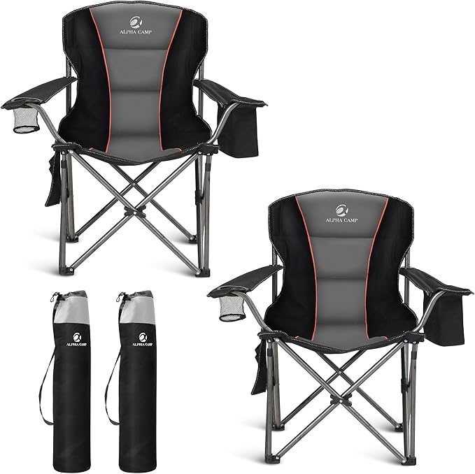 ALPHA CAMP Oversized Folding Camping Chair, Heavy Duty Portable Lawn Chairs with Cooler Bag, Side Pocket & Cup Holder, Folding Chairs for Outside Support 450 LBS