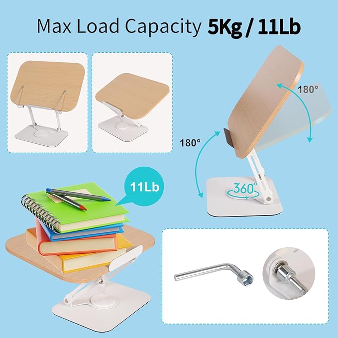 Book Stand for Reading - 360° Rotating Base, Adjustable Height & Angle, Hands-Free Holder for Cookbooks, Textbooks, Tablets up to 17.3 Inches (Light Yellow)