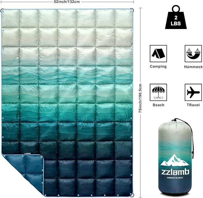 zzlamb Camping Blanket for Cold Weather,Outdoor Puffy Blanket Portable Down Alternative,Windproof Warm Cloak with Snaps,Cozy Quilt Backpacking Picnic RV Travel Plane Car Hammock Beach Climbing
