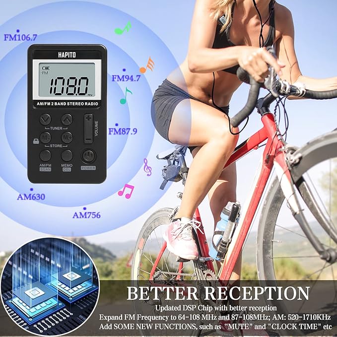 Pocket AM FM Radio Portable Digital Tuning Radio with Best Reception - Hapito Personal Small Transistor radios with Sterio Earphone, Rechargeable Battery and Lock Screen for Walk/Gym (Black)