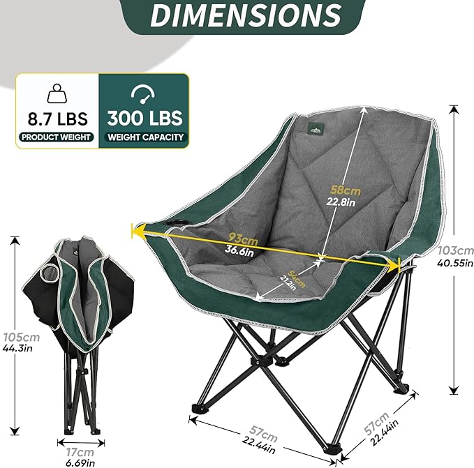 Northroad 2 Pack Oversized Camping Chair,Outdoor Padded Folding Lawn Chair w/Cup Holder,Carry Bag for Beach, Hiking, and Picnics,Heavy-Duty 300-lbs Capacity, Grey&Green