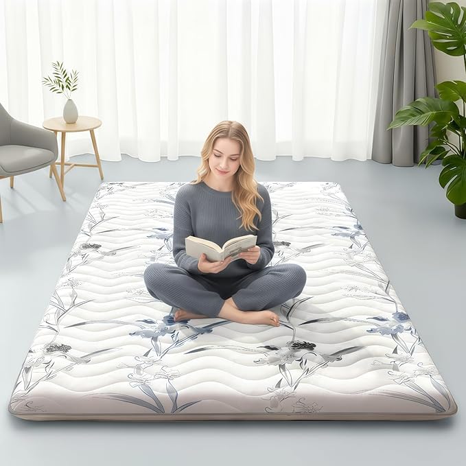 SCHNAUZER HOME Japanese Floor Mattress, 3.5" Thicken Ink Wash Floral Pattern Portable Futon Mattress, 100% High-Density Foam Tatami Mat Sleeping Pad for Camping Guest Room Dormitory RV, White, Twin