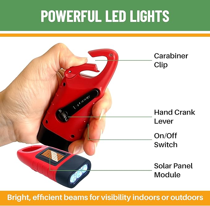 Evelots Hand Crank Solar Powered Flashlights ( 4 Pack ) Rechargeable Emergency Survival Flashlight for Camping , Car - Easy 3 LED Bright Light for Hiking , Outdoor Sports , Home Power Outage