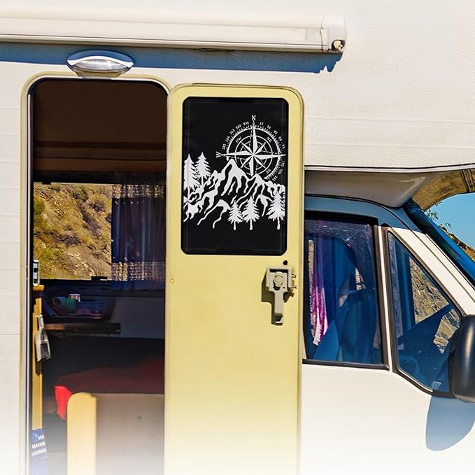RV Door Window Shade Cover, Compass Mountain Print Privacy Screen Door Curtains for Camper Door Easy to Install for Travel Trailer
