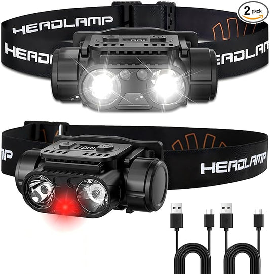 Rechargeable LED Headlamp, 2-Pack Super Bright Head lamp with Motion Sensor, 45° Adjustable Head Lights for Forehead Hard Hat, 7 Modes Waterproof Camping HeadLamps for Adults Kids