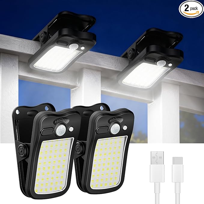 Tryme Clip on Solar Lights Outdoor Motion Sensor Lights 60 LEDs, 3 Modes, Dual Charging, Portable Waterproof Security Light for Fence, Deck, Camping, Grill (2 Pack)