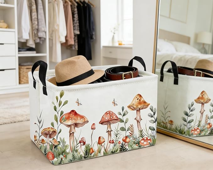 Essme Rectangular Mushroom Basket,Kids Storage Bins Organizer with Handles for Girls Room Decor, Gift Basket,Shelf Basket.(Mushroom)