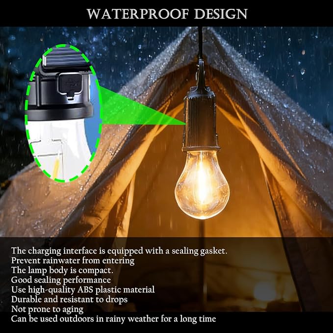 Solar Camping Lantern, Portable LED Camping Light with Light Sensor, USB Rechargeable Tent Light, Dusk to Dawn Waterproof Hanging Emergency Light for Outdoor Hiking Backpacking Patio Warm White 2 Pack