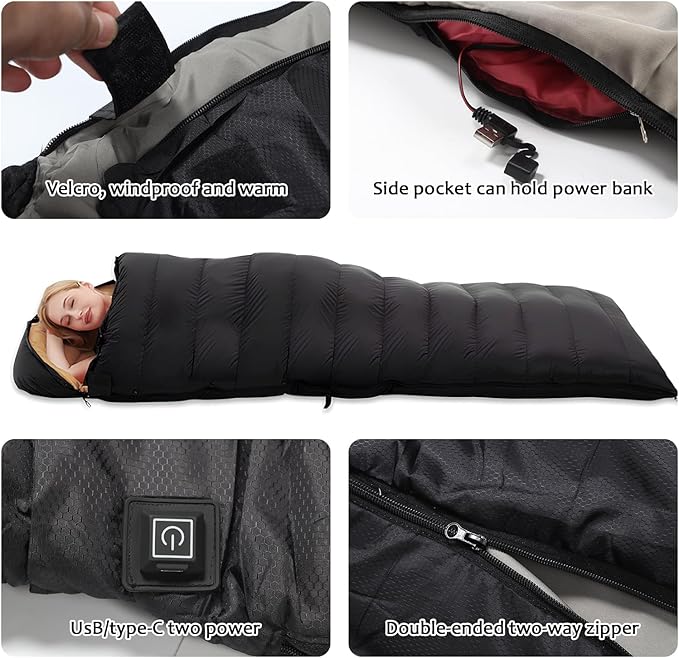 Longzhuo Heated Sleeping Bags for Adults Kids - Portable USB Power Warm Sleeping Bag for Camping with 4 Heating Zones, Cold Weather Sleeping Bag for All Season Camping Hiking Backpacking