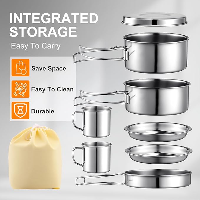 Stainless Steel Camping Cookware Mess Kit - Portable Backpacking Cooking Set with Pot/Plates/Cups & Storage Bag, Outdoor Cookware for Hiking, Picnic, Camping & Backpacking Adventures（8PCS）