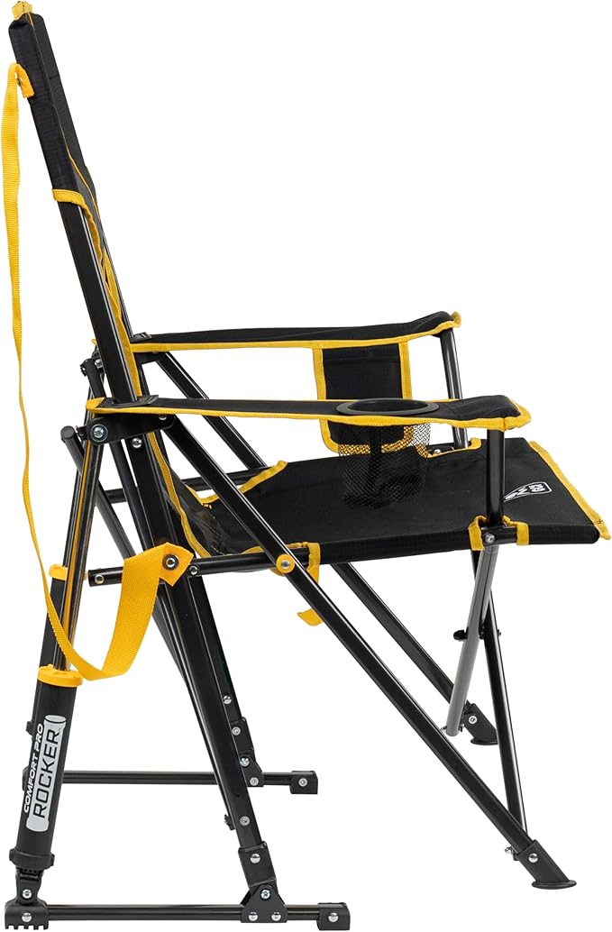 GCI Outdoor Comfort Pro Rocker Camping Chair | Portable Folding Rocking Chair with Durable Armrests & Drink Holder | Official Collegiate Licensed Sideline Sports Chair | Iowa Hawkeyes