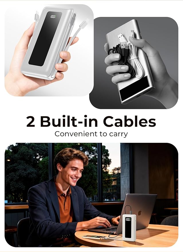 Portable Charger Power Bank, 50000mAh Travel Camping Essential Battery Pack with Built-in Cables, PD 22.5W Fast Charging, Ivory White