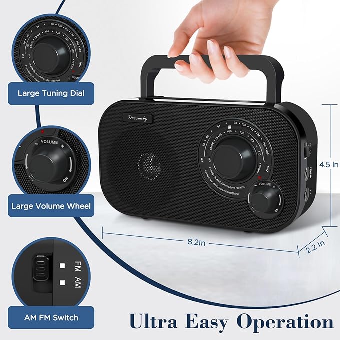 DreamSky AM FM Portable Radio Plug in Wall or Battery Operated for Home & Outdoor, Strong Reception, Large Dial Easy to Use, Transistor Antenna, Headphone Jack, Small Gifts for Seniors Elderly