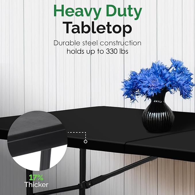 EconoHome Black 8ft Folding Table with Handle | Heavy-Duty Foldable Table | Portable Table for Indoor & Outdoor Use | Perfect for Events, Camping, Parties, Dining & More