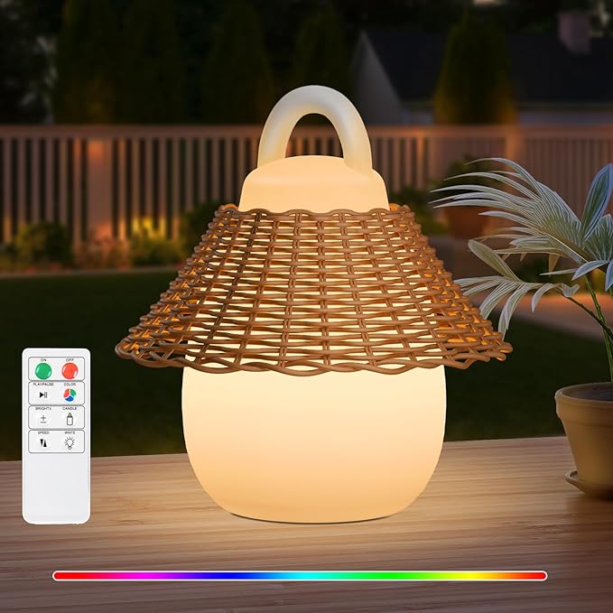 Rattan Outdoor Lanterns, GGII Rechargeable Camping Lantern with IP44 Waterproof, Battery Operated Outdoor Portable Cordless Table Lamp with RGB Lights for Patio Balcony Garden