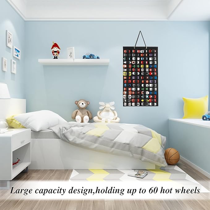 Hanging Storage Organizer for Toy Cars Felt Display Case Hold Up 60 Toy Cars (Without Accessories)(Black)