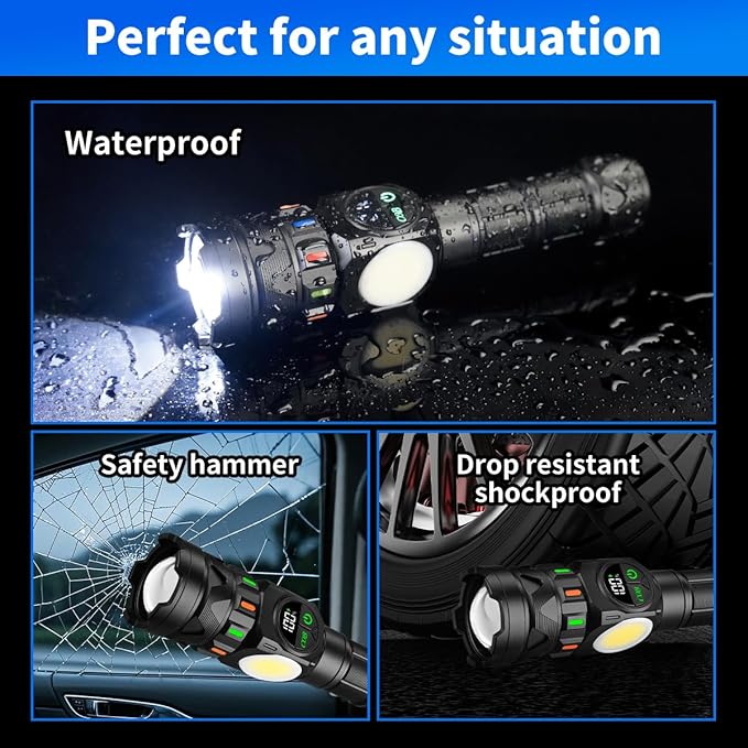 Rechargeable Flashlights High Lumens 5000 Long Distance, Super Bright LED Flash Lights with COB Sidelight USB C LCD Display, Daul Light Source & Buttons with Red Light, for Camping Hiking Emergency